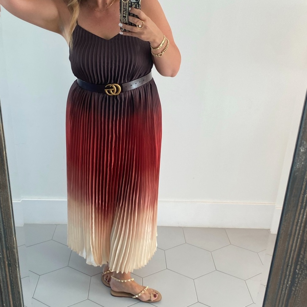 🪅Banana Republic Brown/Orange Ombré Pleated Midi Dress Spaghetti Straps L Tall - Picture 11 of 13
